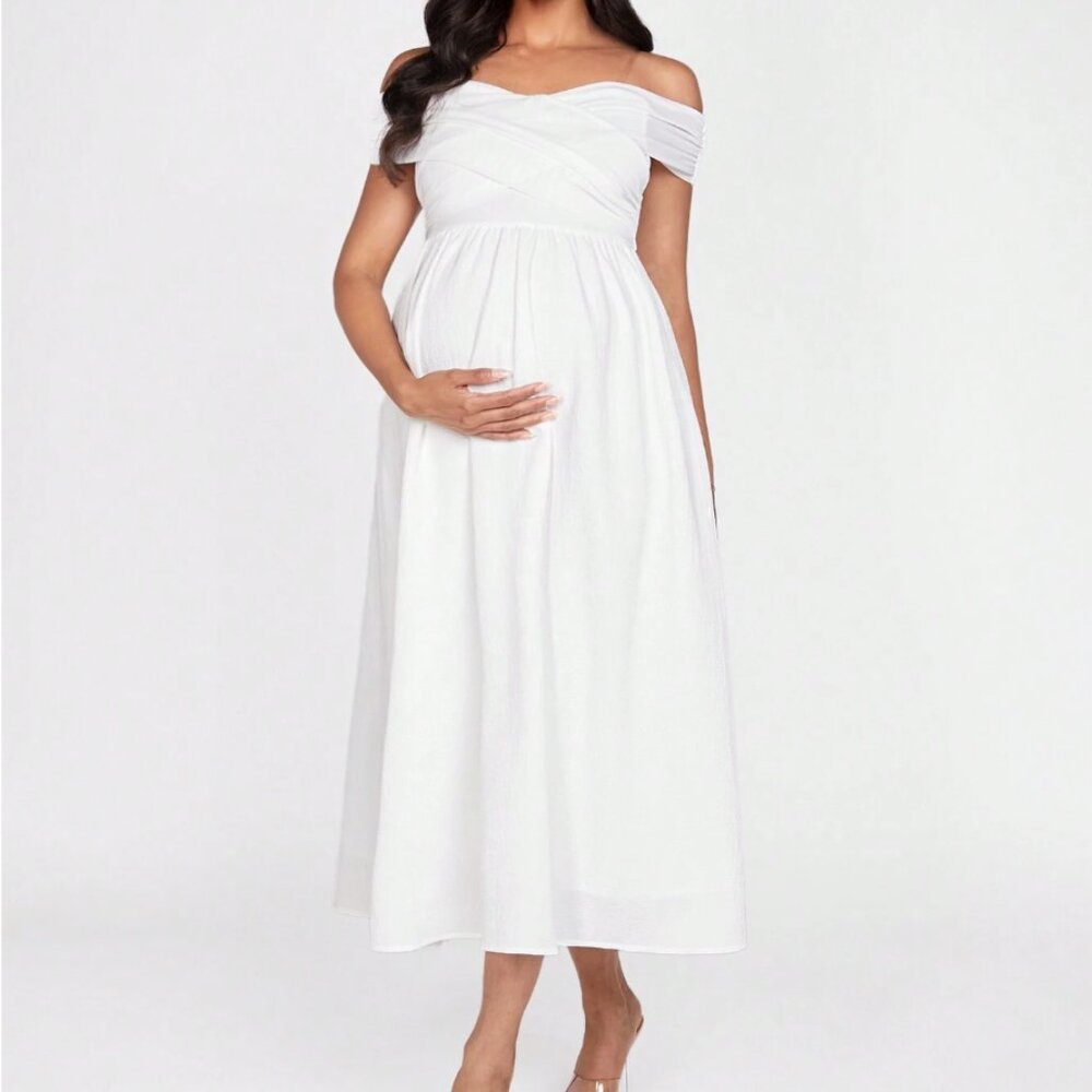 Shein White Maternity Pregnancy Baby Shower Gender Reveal Off The Shoulder Dress